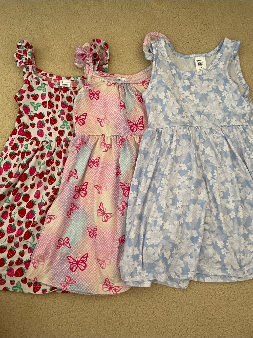 Girls Tank Dress Trio — Blue Floral, Pink Butterfly, Red Strawberry